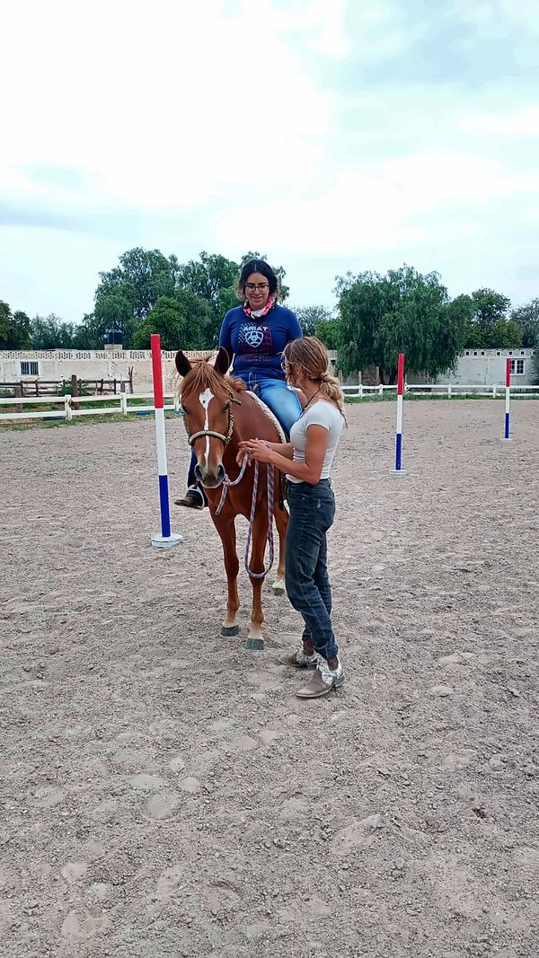 Clase de equitación inglesa con la instructora a pie